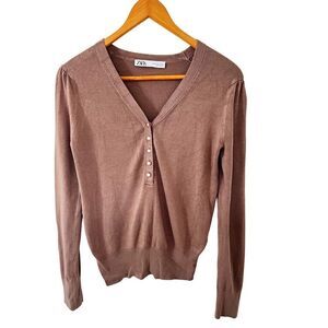 Zara Taupe Half Peal Button Placket Pull-Over Long Sleeve Sweater